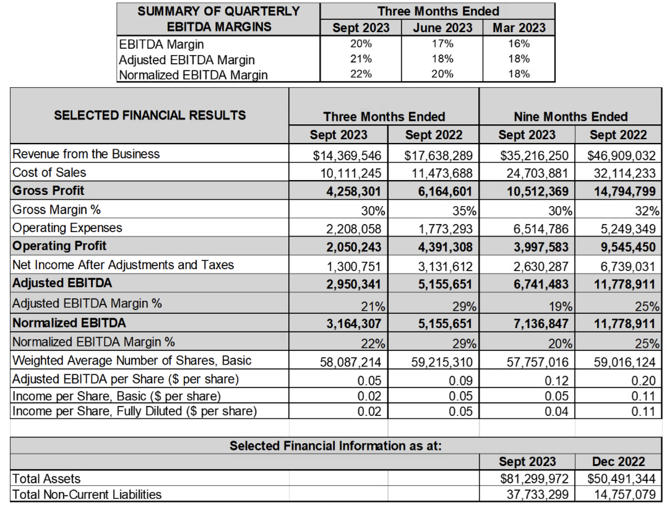 Summary of Quarterly EBITDA Margins & Selected Financial Results
